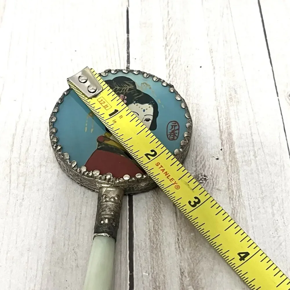 Vintage Asian Vanity Mirror Geisha Enamel Green Handle Cloisonné Style